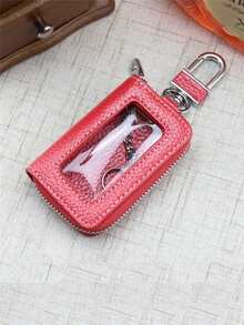 1 Piece Of Solid Color Versatile Car Keychain, Anti Loss Home Key Small Bag, Suitable For Carrying And Storing Keys With You - Red - View 3