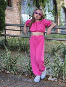 Conjunto infantil menina cropped manga princesa e calça jogger 2 peças - Rosa chiclete - Visão 2