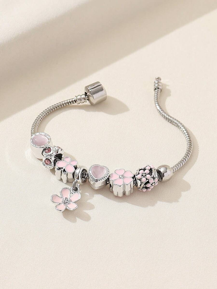 1 件优雅时尚的铜串珠手链,配有水钻心形吊坠、蝴蝶装饰和花芯,非常适合想要为其时尚宣言增添奢华和个性化色彩的女性,情人节、妈妈、母亲、母亲节、礼物 - 粉色 - 查看 1