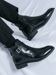 韓國風格尖頭pu皮男短靴時尚機車靴內增高男靴大尺碼男鞋男靴45/46/47切爾西時尚pu皮男高筒鞋 - 黑色 - 查看 5