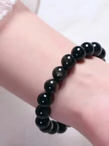 黑碧璽手工製作寶石寶貴寶石8mm圓珠彈力手環中性 - 黑色 - 查看 4