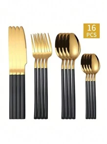 16 件套不銹鋼刀叉勺餐具套裝,適合家庭廚房和餐廳牛排晚餐 - 彩色 - 查看 1