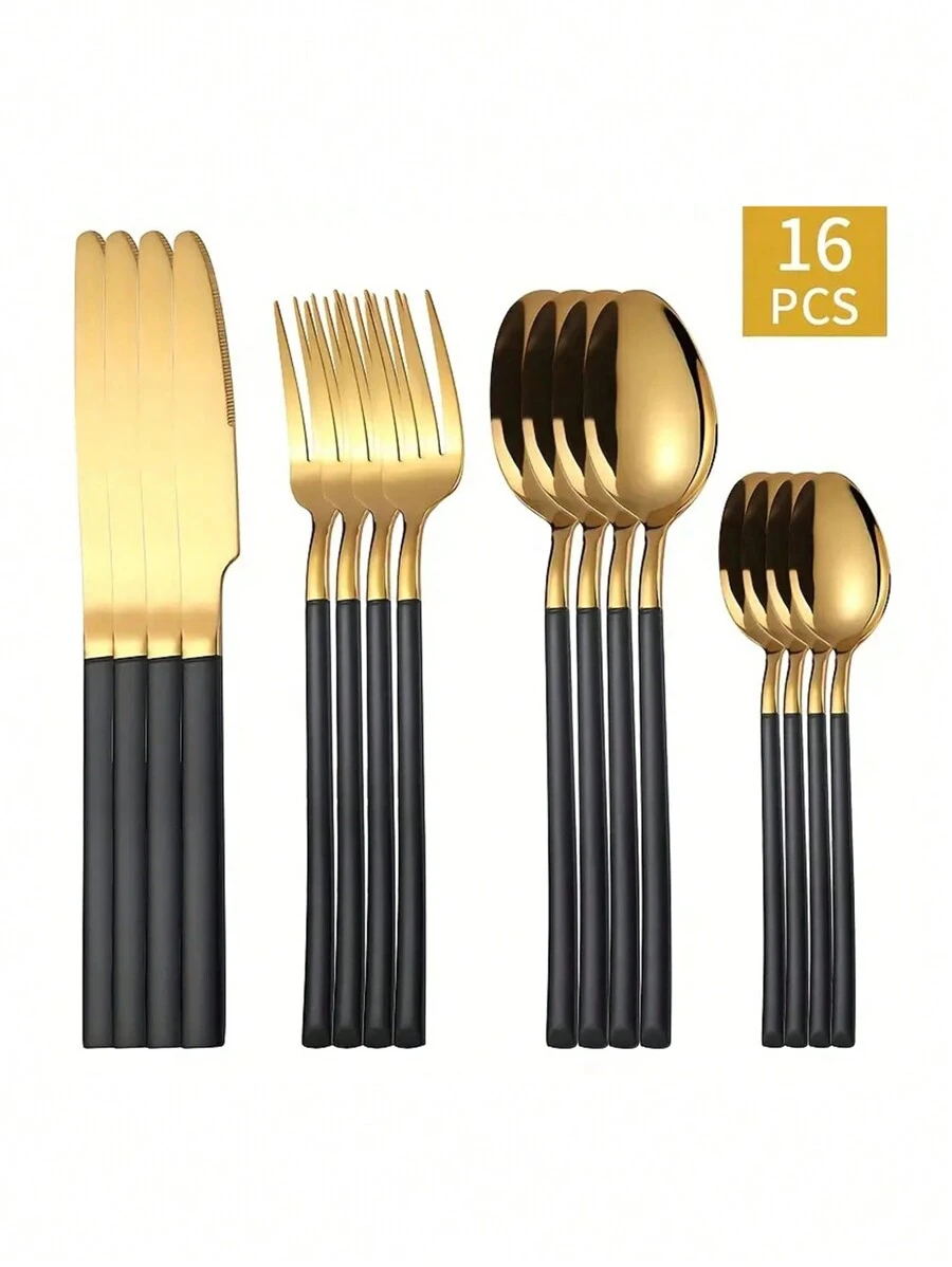 16 件套不銹鋼刀叉勺餐具套裝,適合家庭廚房和餐廳牛排晚餐 - 彩色 - 查看 1