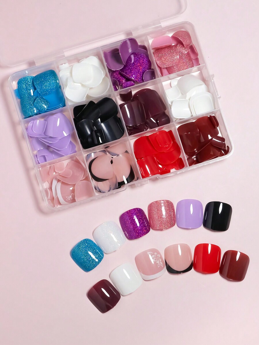 288pcs(12Colors) Short Square Press On Toenails 4 Glitter Press On