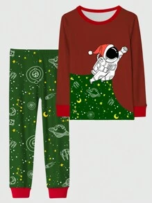 2pcs/Set Tween Boy Snug Fit Christmas Astronaut Themed Pajamas Set, Homewear - Multicolor - View 1
