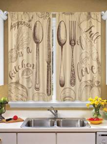 2pcs/set Country Style Vegetables & Tableware Design Kitchen Curtains With Inspiring Text & Cutlery Prints, No Rod 27.5inch*39inch - Beige - View 1