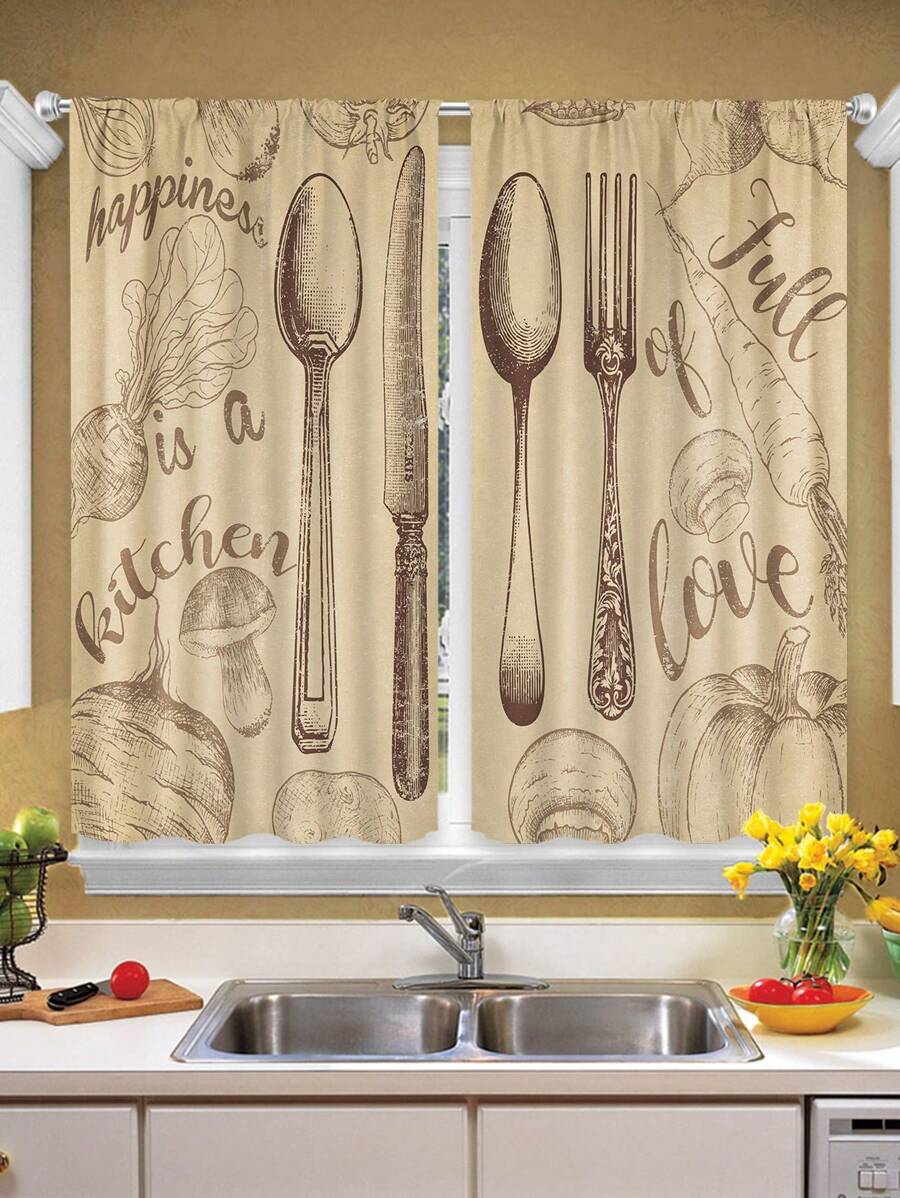 2pcs/set Country Style Vegetables & Tableware Design Kitchen Curtains With Inspiring Text & Cutlery Prints, No Rod 27.5inch*39inch - Beige - View 1