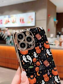 1個可愛的黑色卡通萬聖節南瓜,貓和幽靈圖案,電鍍全包圍防震手機殼,適用於 Iphone - 彩色 - 查看 3