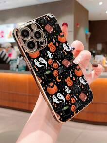 1個可愛的黑色卡通萬聖節南瓜,貓和幽靈圖案,電鍍全包圍防震手機殼,適用於 Iphone - 彩色 - 查看 2