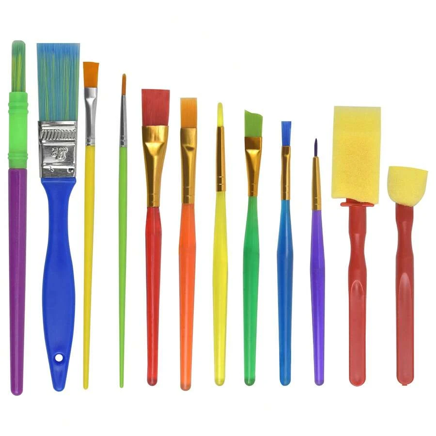 儿童画笔，12 件儿童艺术画笔海绵画笔，儿童艺术家画笔套装，适用于水彩、油画、丙烯画、面部彩绘