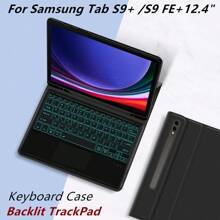 帶觸控板、磁吸分離、適配三星galaxy Tab S9 + / S9 Fe + 12.4英寸s9fe X810 X816 X818 X616 B / U平板電腦的背光鍵盤保護套 - 黑色-英語佈局 - 查看 1