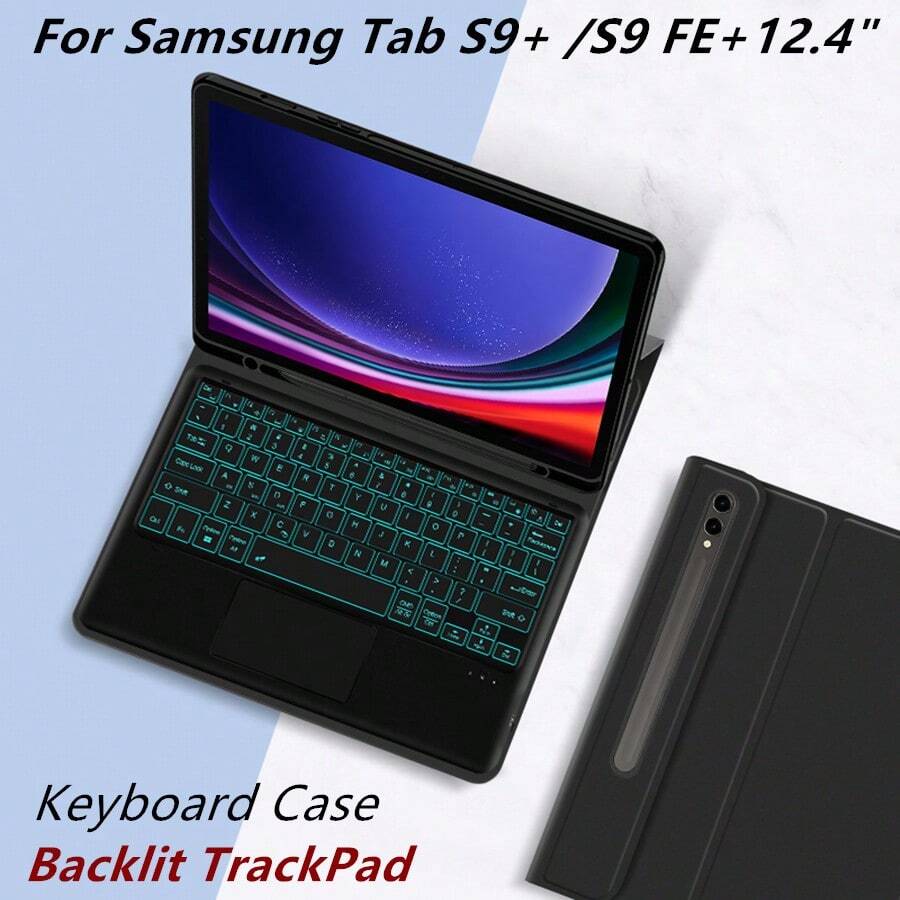 帶觸控板、磁吸分離、適配三星galaxy Tab S9 + / S9 Fe + 12.4英寸s9fe X810 X816 X818 X616 B / U平板電腦的背光鍵盤保護套 - 黑色-英語佈局 - 查看 1
