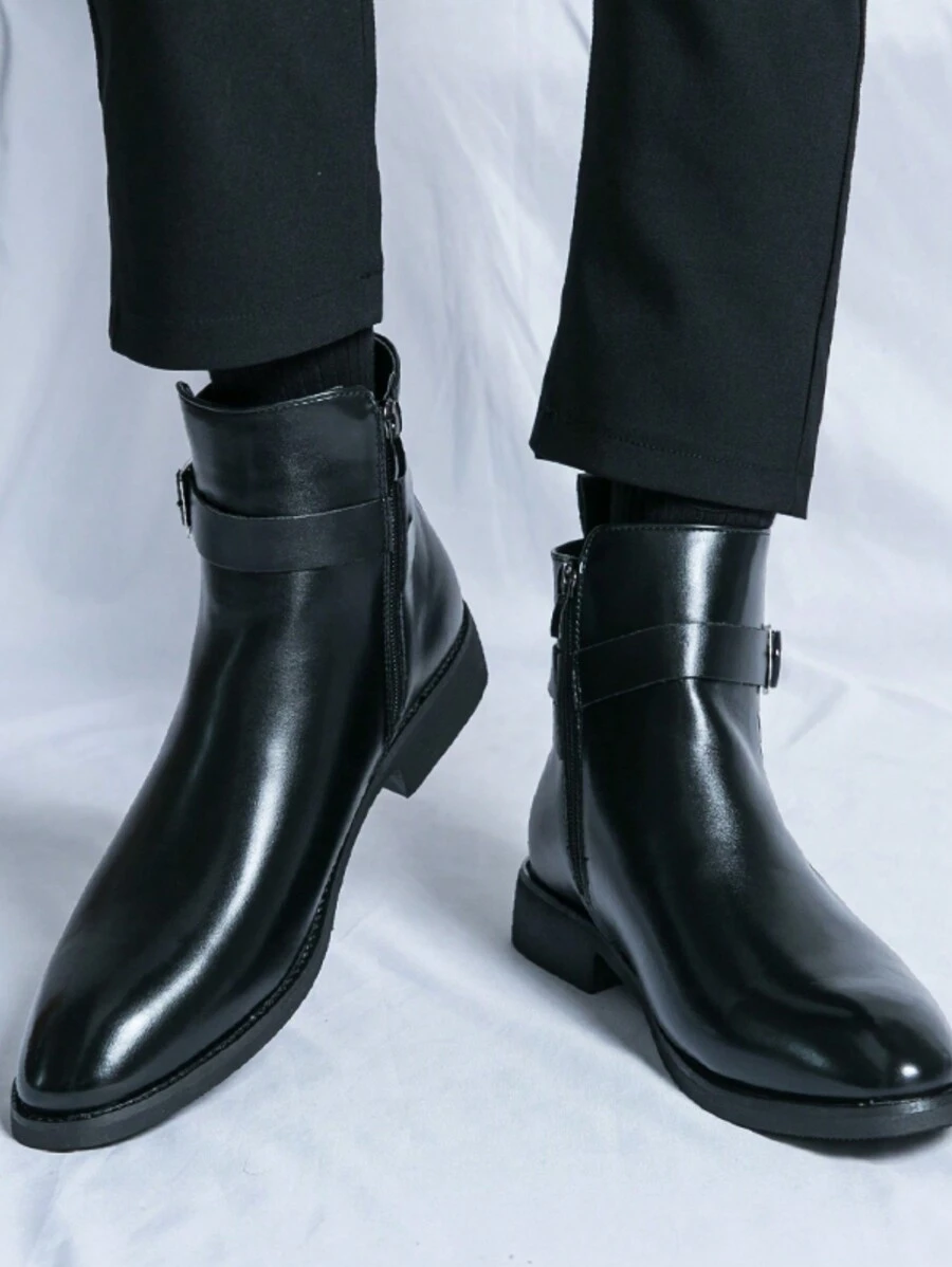 韓國風格尖頭pu皮男短靴時尚機車靴內增高男靴大尺碼男鞋男靴45/46/47切爾西時尚pu皮男高筒鞋 - 黑色 - 查看 1