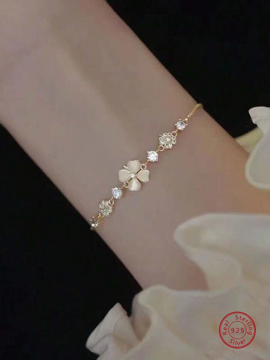 1件高檔，時尚，優雅的四葉草貓眼石S925純銀手鍊，獨特的設計適合女性，適合休閒或正式場合佩戴，作為節日好禮的絕佳選擇 - 玫瑰金 - 查看 1