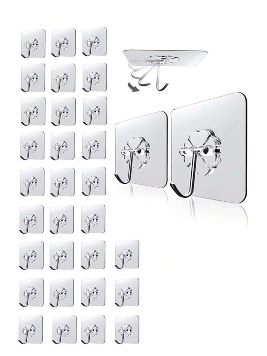 1 Pack 5pcs/10pcs/20pcs/30pcs Transparent Stainless Steel Strong Self-Adhesive Hooks, Kitchen Bathroom Door Wall Multi-Function Key Storage Hooks Silver - One Size, 5pcs/Pack