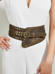 Street 1pc Women's Multicolor Heavy Duty Willow Nails Western Style Elastic Waist Belt - Coffee Brown - View 1