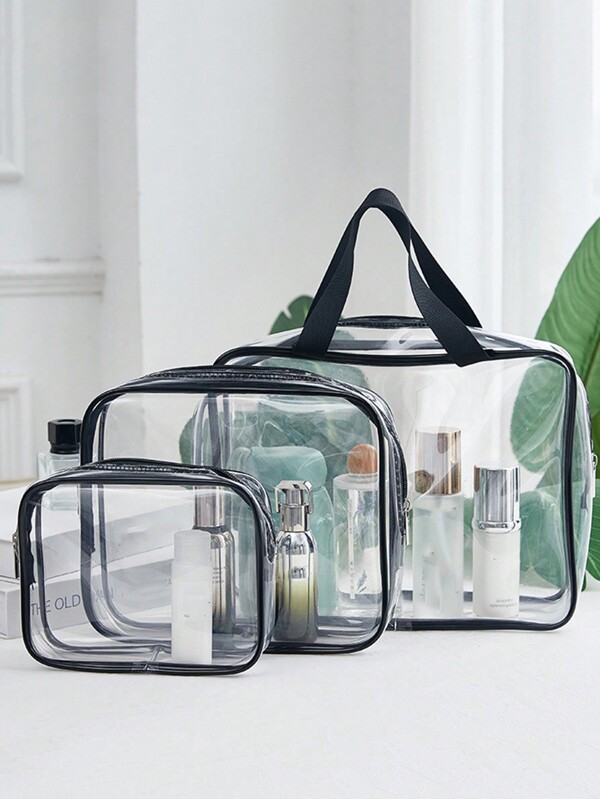 1 buc. Geantă de călătorie portabilă, neagră, transparentă, cu design transparent din PVC, geantă de depozitare de călătorie pentru croazieră în aer liber. Geantă de machiaj esențială. Concediu de odihna