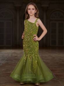 Vestido con falda de cola de sirena con contraste de malla con lentejuelas y brillo para niñas preadolescentes - Verde Oliva - Ver 3