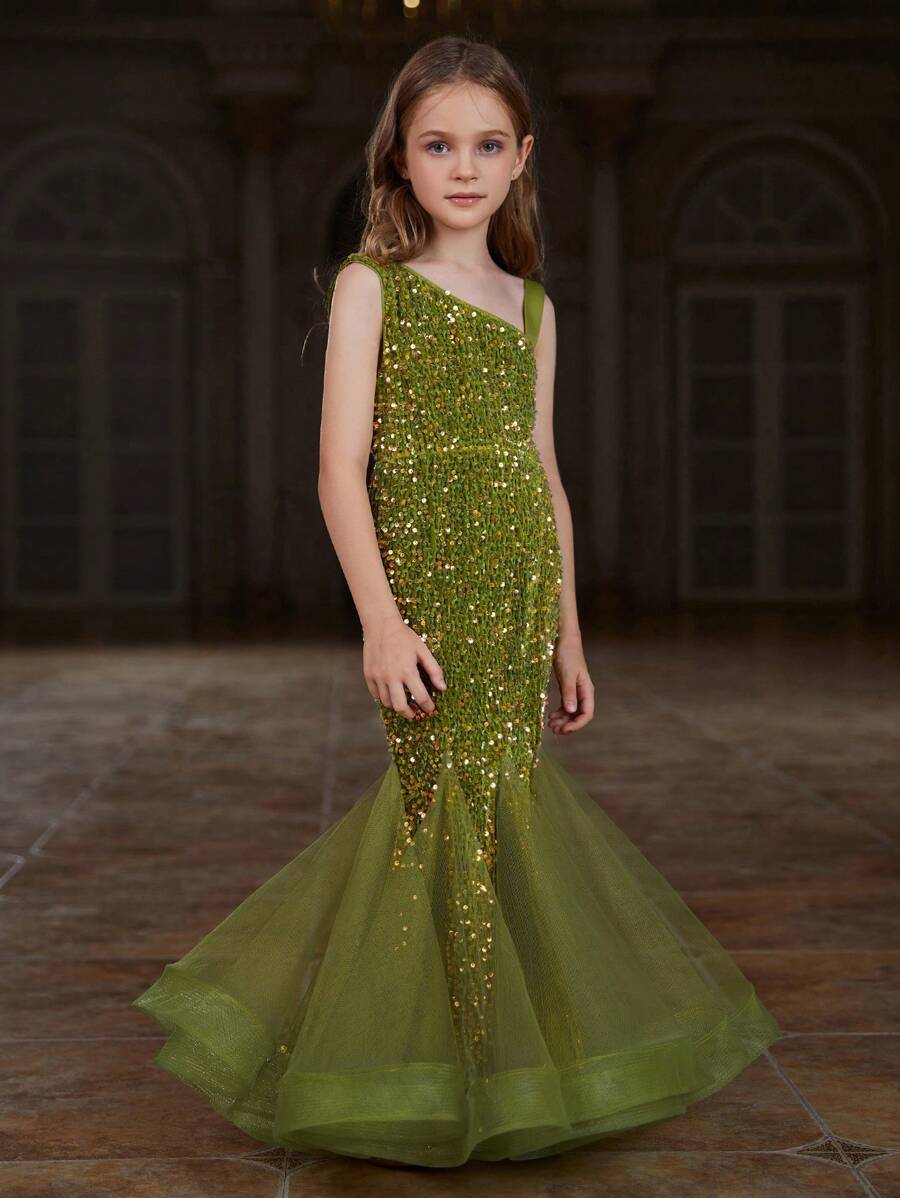 Vestido con falda de cola de sirena con contraste de malla con lentejuelas y brillo para niñas preadolescentes - Verde Oliva - Ver 1