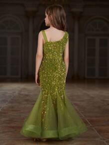 Vestido con falda de cola de sirena con contraste de malla con lentejuelas y brillo para niñas preadolescentes - Verde Oliva - Ver 2