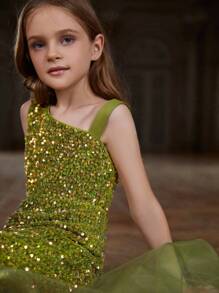 Vestido con falda de cola de sirena con contraste de malla con lentejuelas y brillo para niñas preadolescentes - Verde Oliva - Ver 6