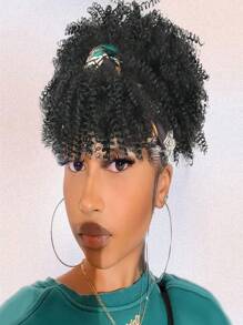 Head-Wrap Wigs 2 in 1 Head Ponytail Wrap Short Silver Turban Wrap-Wig Updo Kinky Curly Afro Puff with Bangs Drawstring Ponytail Extension for - Black - View 1