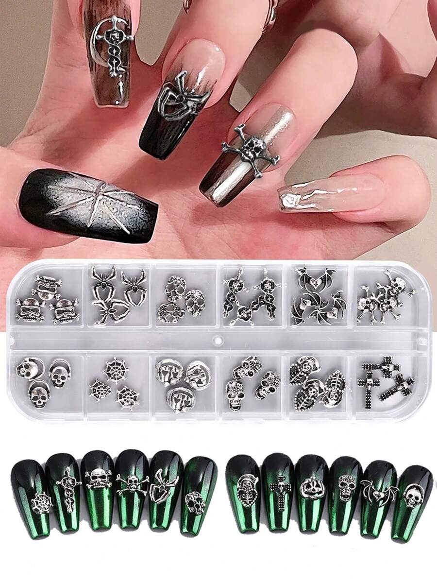 36入組萬聖節指甲藝術裝飾套裝,帶y2k黑暗哥特風格的蜘蛛、骷髏、十字形金屬配件 - 銀色 - 查看 1