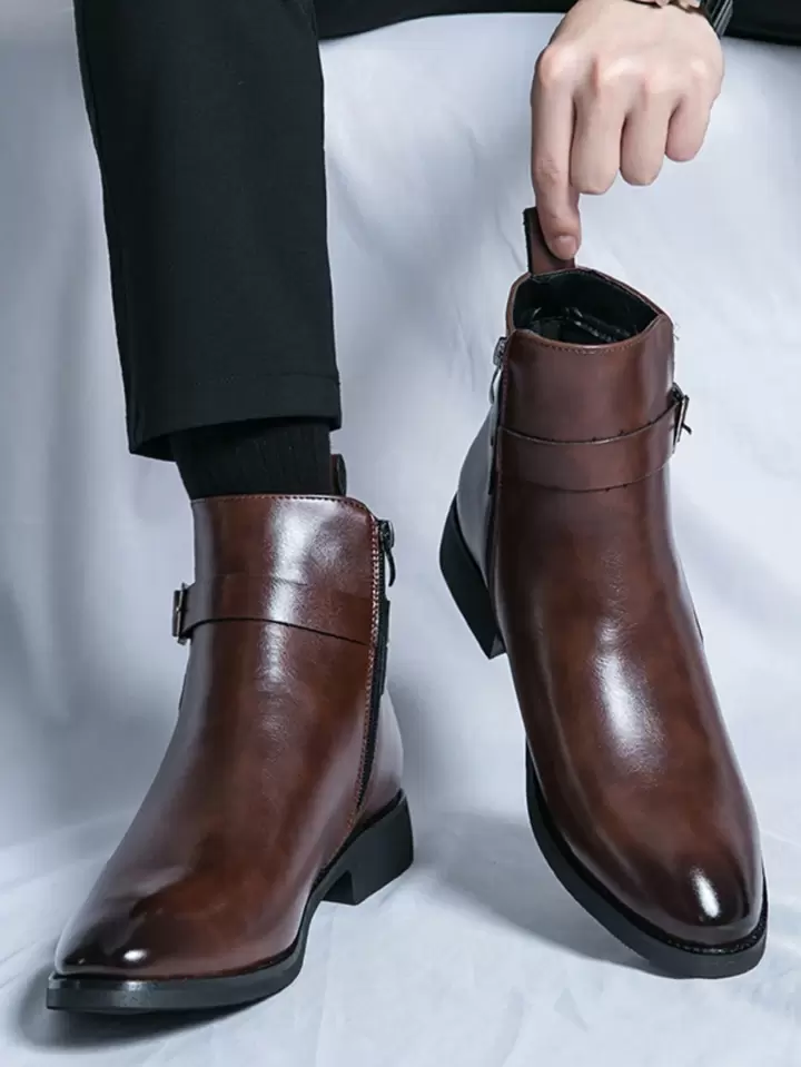 Korean Style Pointed Toe Pu Leather Short Boots For Men Fashionable Motorcycle Boots With Elevator Platforms Plus Size 45 47 Decorated By High top Pu Leather And Elastic Vamp Chelsea Boots For Men