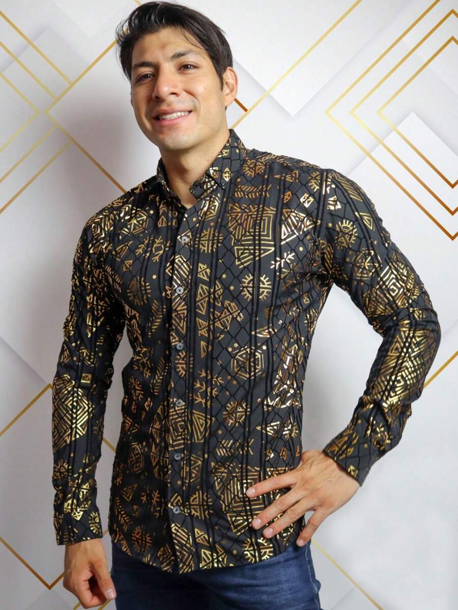 Camisa Buchona Manga Larga Foil y Folk Estampada Slim Fit Hombre Casual