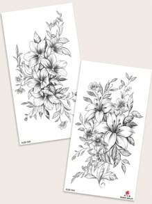 2pcs Black Flower & Orchid Pattern Temporary Tattoo Stickers, Large Size For Arm/Chest/Abdomen/Back - Black - View 5