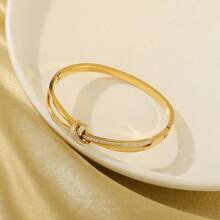 1pc Fashionable & Delicate Crystal Point Stainless Steel Crossed Bowknot Open Cuff Bracelet For Women's Daily Wear