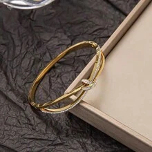 1pc Fashionable & Delicate Crystal Point Stainless Steel Crossed Bowknot Open Cuff Bracelet For Women's Daily Wear