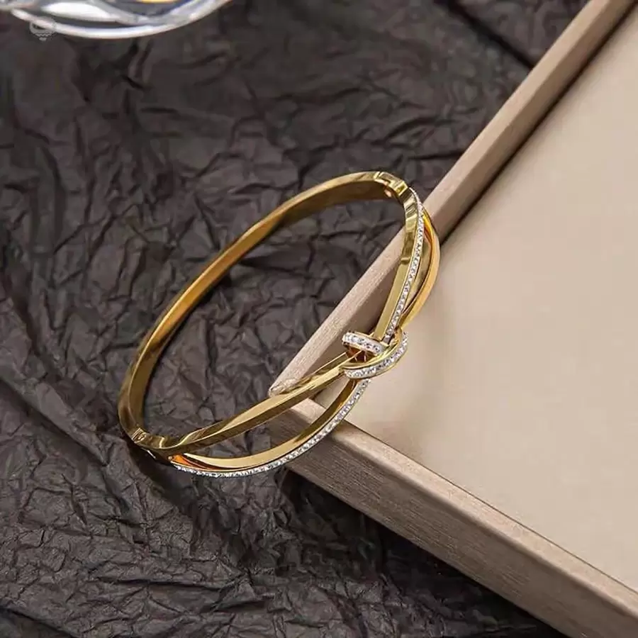 1pc Fashionable & Delicate Crystal Point Stainless Steel Crossed Bowknot Open Cuff Bracelet For Women's Daily Wear
