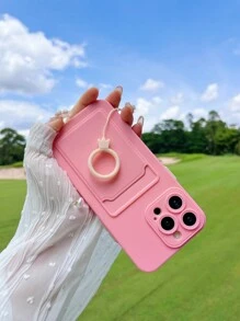 1入組皮質紋理卡片套+液態矽膠手指環手機掛繩+可放卡片的防摔手機殼，適用於蘋果/三星手機 - 粉色 - 查看 3