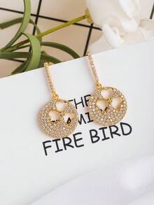 1對女性用不鏽鋼時尚經典三葉草&圓形氧化鋯吊墜耳環,適用於派對、約會或辦公室穿搭,時尚風格 - 金黃色 - 查看 2