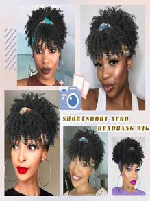 Head-Wrap Wigs 2 in 1 Head Ponytail Wrap Short Silver Turban Wrap-Wig Updo Kinky Curly Afro Puff with Bangs Drawstring Ponytail Extension for - Black - View 6