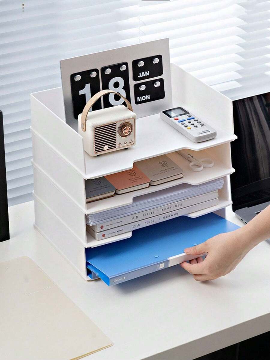 21 Tier Stackable Letter Tray White, Desk Paper Tray File Organizer, Plastic office Paper Sorter Tray, Desktop Stacking Support Office File Tray Desk Organizer for A4 Papers, Magazines, Books, Documents - Single layer horizontal version - View 1
