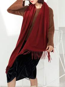 1pc Women's Burgundy Fringed Faux Cashmere Warm Scarf Shawl, Plus Size And Suitable For Daily Wear - Burgundy - View 1