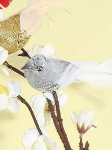 1pc Artificial Gold Powdered Bird Shaped Christmas Tree Clamp Decoration Ornament, Christmas/gardening/crafts/patio Decor - Silver - View 3