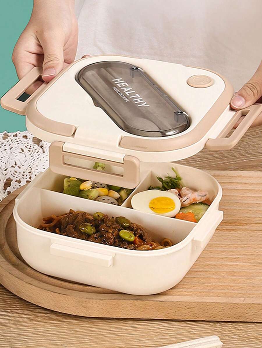 1pc Square Shaped Plastic Bento Box, Microwaveable, Snack Lunch Box For Students, New Arrival - Multicolor - View 1