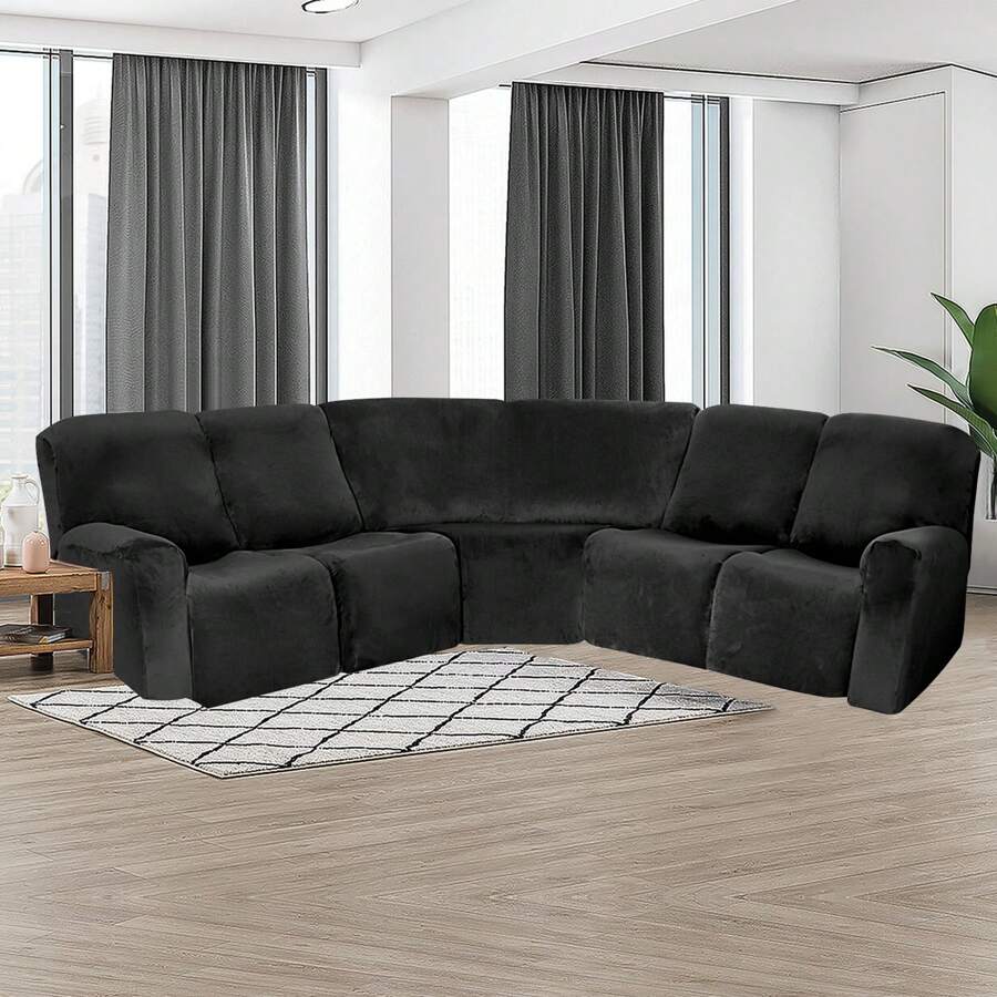 5-Seater L Shape Sofa Cover Velvet Stretch Recliner Corner Sofa Couch Covers Curved Shape Sectional Sofa Lounge Couch Slipcover For Living Room - 黑色 - 查看 1