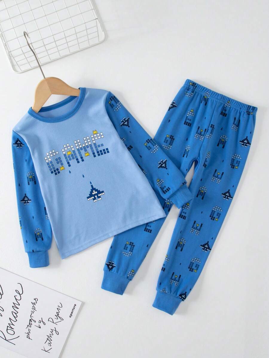 青少年男童家居保暖內衣套裝 - 藍色 - 查看 1