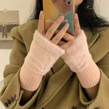 1pair Women's Multicolor Half Finger Velvet Gloves, Autumn/winter Fingerless Solid Color Knit Dance Gloves For Daily Wear