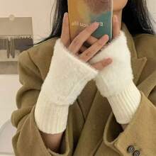 1pair Women's Multicolor Half Finger Velvet Gloves, Autumn/winter Fingerless Solid Color Knit Dance Gloves For Daily Wear