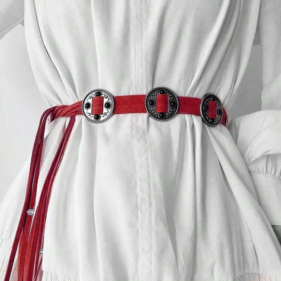 1pc Ladies' Vintage Beaded Inlaid Metal Decorated Belt With Tassel - Red - View 1