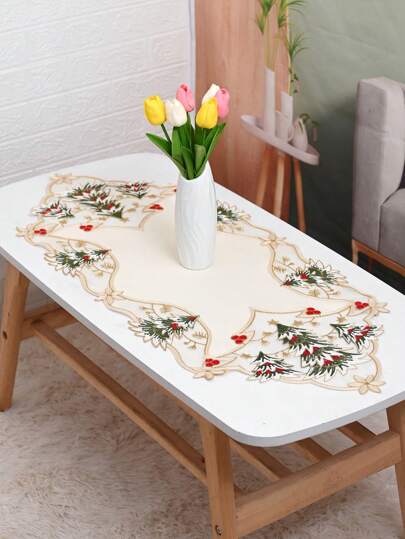 1pc Christmas Tree Shaped Placemat, Beige Polyester Satin Fabric Long Rectangle Pointed Edge Yarn Lace Water Soluble Embroidery Table Mat, Suitable For Christmas Festival And Daily Use