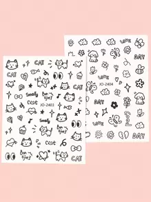 2入組卡通可愛貓咪指甲貼紙，可愛小狗塗鴉動物指甲藝術貼紙紋身美甲裝飾DIY - 黑色 - 查看 2