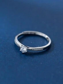 HuooNew 1pc Shiny 925 Sterling Silver Rhinestone-set Adjustable Ring, With Six-claw Open Design And Gift-ready Packaging - Silver - View 3