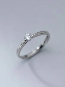 HuooNew 1pc Shiny 925 Sterling Silver Rhinestone-set Adjustable Ring, With Six-claw Open Design And Gift-ready Packaging - Silver - View 1