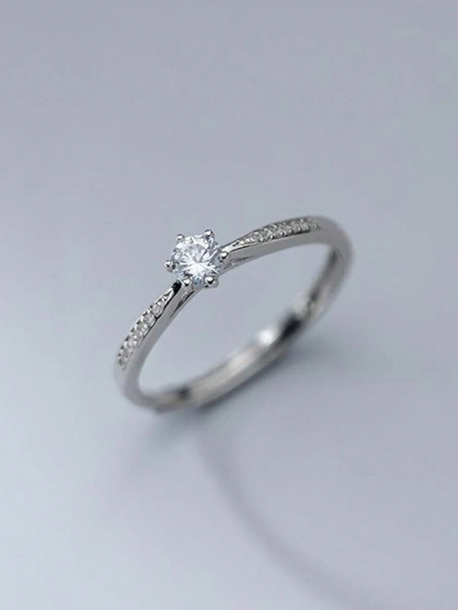 HuooNew 1pc Shiny 925 Sterling Silver Rhinestone-set Adjustable Ring, With Six-claw Open Design And Gift-ready Packaging - Silver - View 1